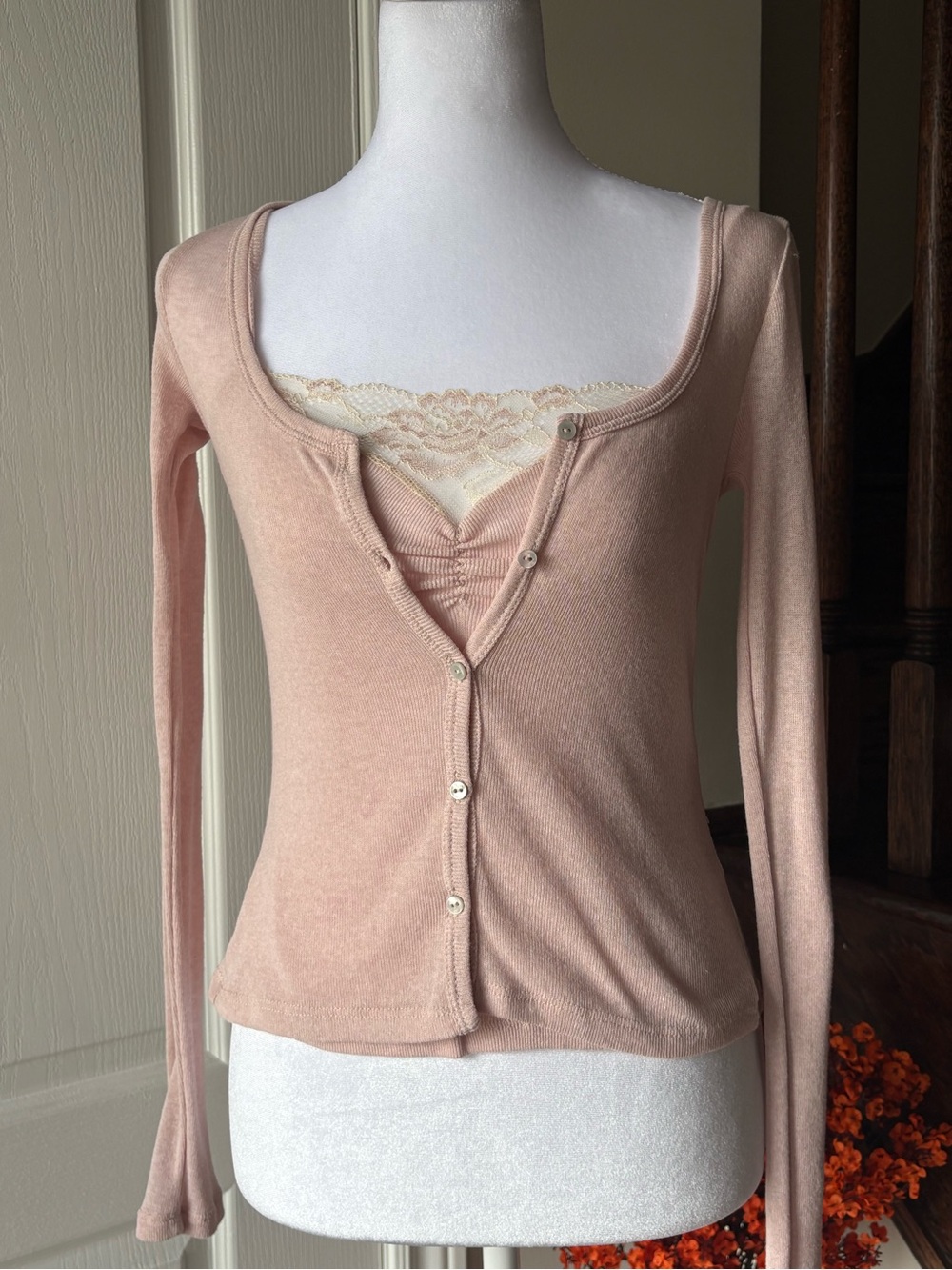 ZARA Pale Blush Lace-Trim Long Sleeve Top